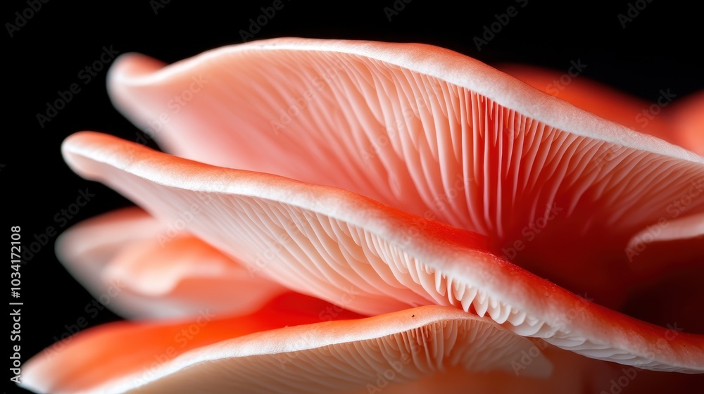 A stunning macro shot capturing the delicate pink gills of a vibrant oyster mushroom, showcasing nature's intricate patterns and textures in rich detail. A stunning macro shot capturing the delicate pink gills of a vibrant oyster mushroom, showcasing nature's intricate patterns and textures in rich detail.