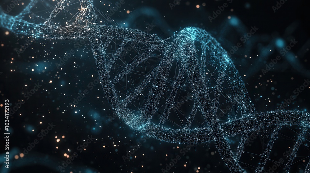 A glowing DNA strand in a dark, starry background symbolizes genetic science, biotechnology, and molecular biology advancements. A glowing DNA strand in a dark, starry background symbolizes genetic science, biotechnology, and molecular biology advancements.
