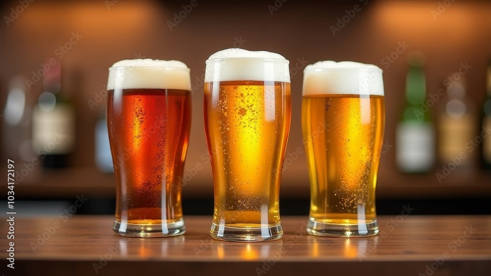 three glasses of different beer are on the bar counter three glasses of different beer are on the bar counter