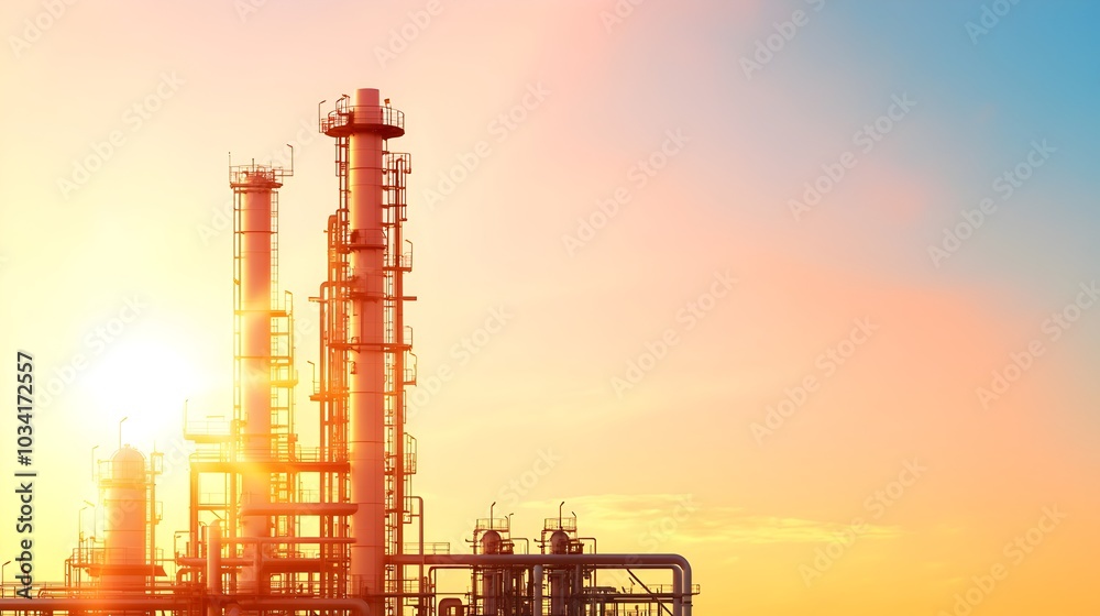 Obraz premium Oil Barrel Price Fluctuations and Energy Sector Dynamics - Silhouettes of Oil Refineries and Impact of Currency Swings on Trade Agreements