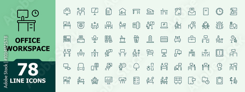 Office workspace icon set. Containing desk, computer, meeting, workplace, conference, freelance, co-worker and more. Vector illustration.