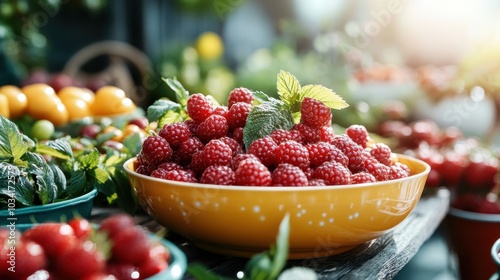 A sun-dappled yellow bowl brims with fresh, plump red raspberries, surrounded by an assortment of fruits and greenery, capturing the bounty of a garden market.