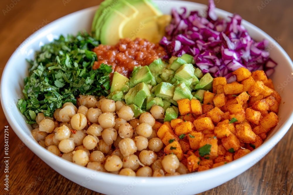 Vibrant and Healthy Salad Bowl Featuring Fresh Avocado Roasted Sweet Potatoes and Colorful Vegetables for a Delicious Meal Vibrant and Healthy Salad Bowl Featuring Fresh Avocado Roasted Sweet Potatoes and Colorful Vegetables for a Delicious Meal