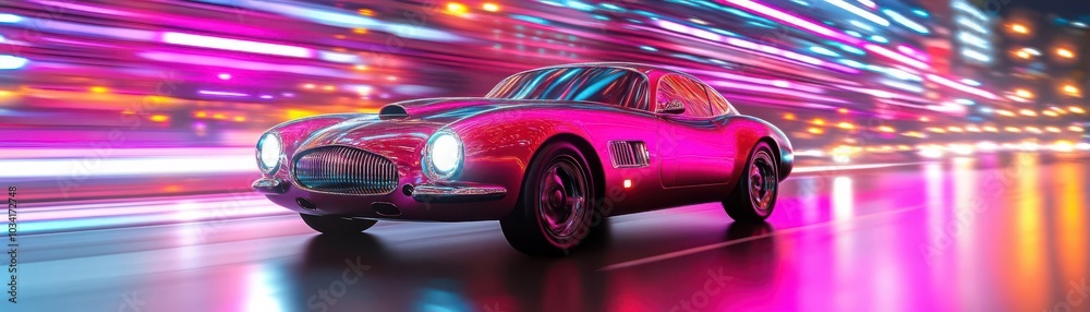 Stylish retro car on a vibrant street with colorful lights, motion blur effect.