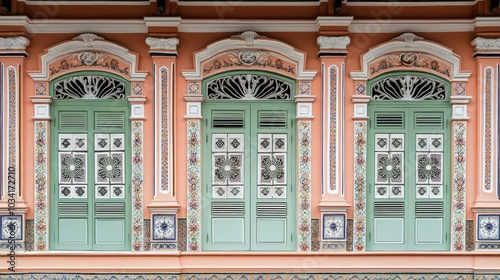 Close-up of colorful Peranakan shophouses with intricate tilework in SingaporeJoo Chiat district. photo