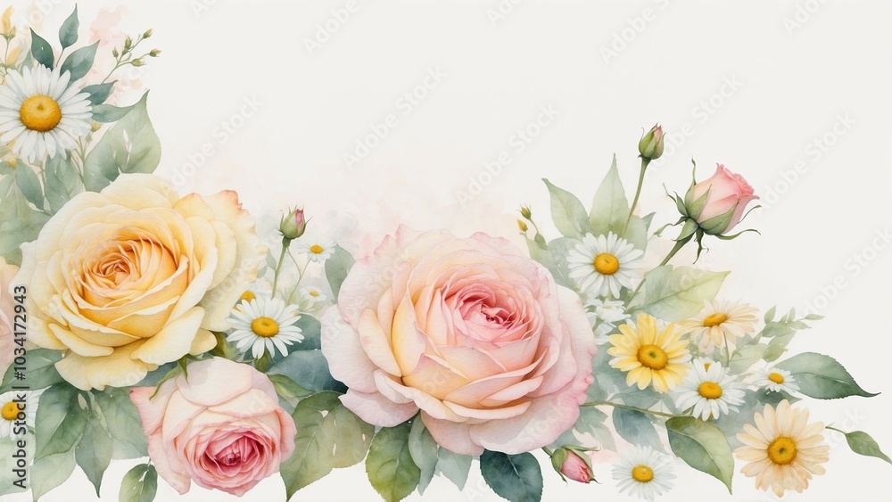 Obraz premium Soft watercolor roses and daisies in gentle pink and yellow tones, with copy space on the left and a light wash background