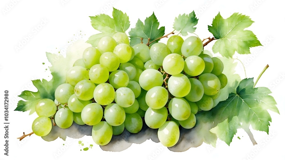 Watercolor composition of green grapes, with delicate shading in soft lime and olive tones, set against a light, minimalist background Watercolor composition of green grapes, with delicate shading in soft lime and olive tones, set against a light, minimalist background