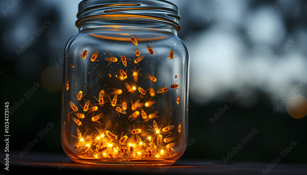 Fireflies in a jar outdoors at night isolated with white highlights, png