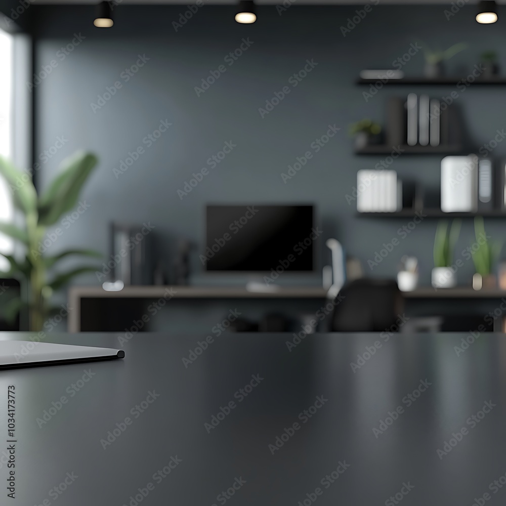 Obraz premium A modern office workspace featuring a desk, computer, and plants in a minimalist design.