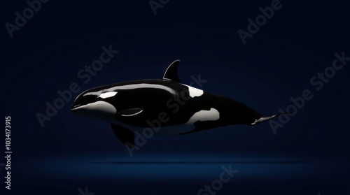 An orca whale captured in a minimalist studio setting, showcasing its striking black-and-white markings that sharply contrast against a clean, neutral background.