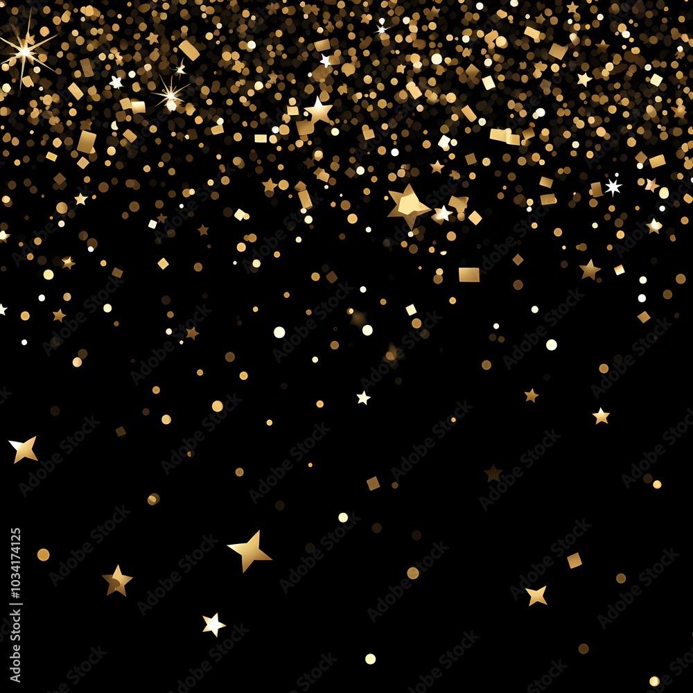 Sparkling gold stars and confetti create a festive scene. Sparkling gold stars and confetti create a festive scene.