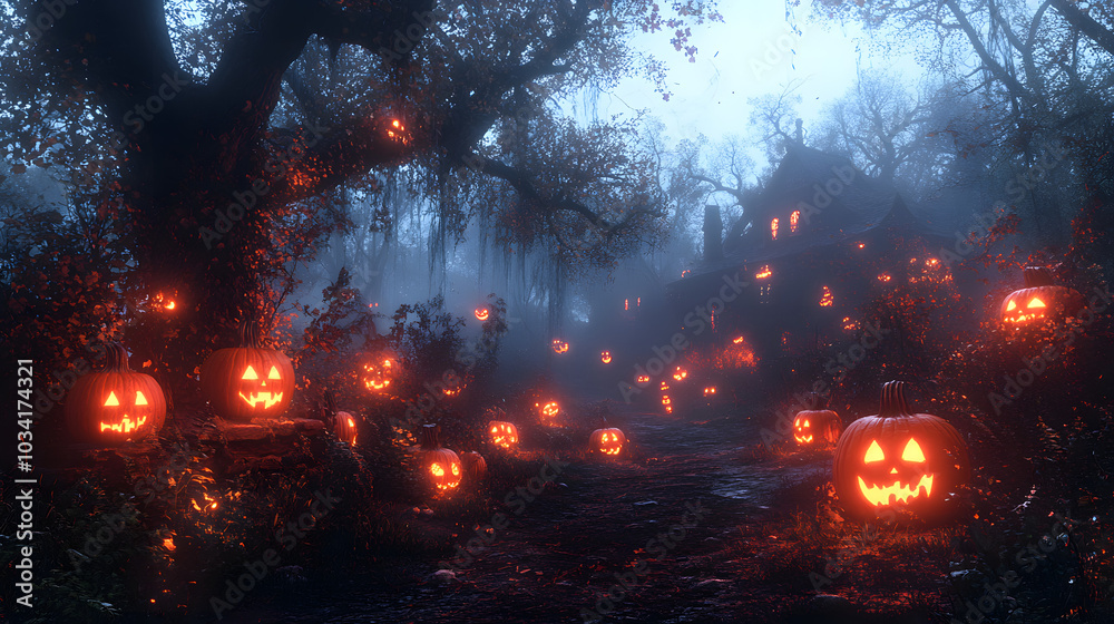 Spooky Garden Scene with Glowing Jack-o'-Lanterns Spooky Garden Scene with Glowing Jack-o'-Lanterns