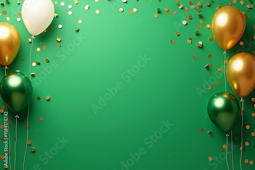 Beautiful happy birthday green color background with golden green white balloons and confetti, celebration, party,, new, year, christmas, xmas, greeting card 