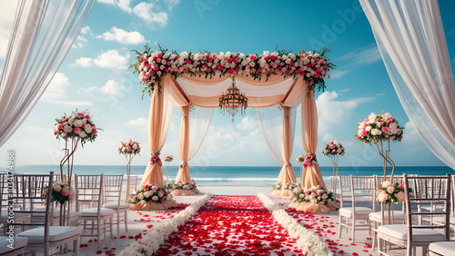 A wedding ceremony setup on a beach with a floral arch, white chairs, and a red rose petal aisle leading to the ocean.