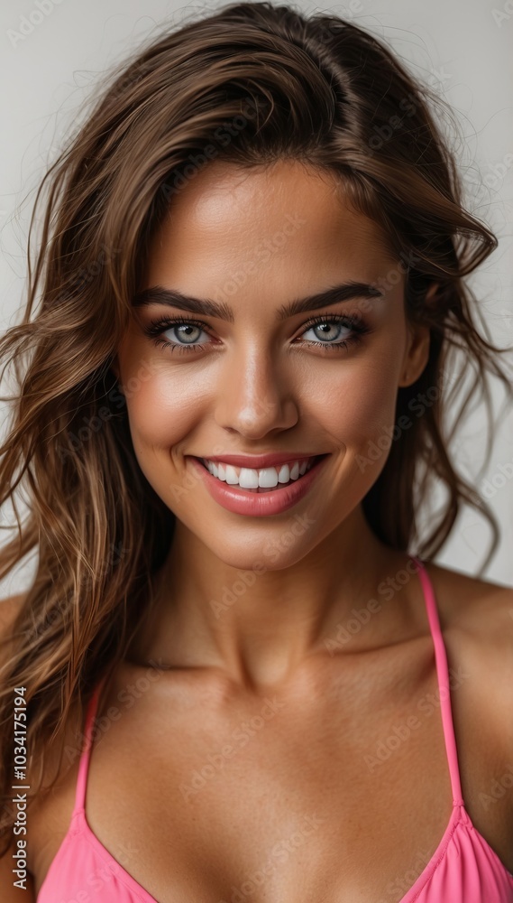 Smiling woman in pink bikini close-up portrait Smiling woman in pink bikini close-up portrait