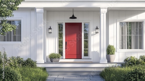 Modern farmhouse entrance featuring a striking red front door, stylish black light fixtures, and a charming covered porch supported by elegant white pillars.