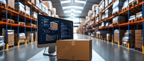 A computer screen displays logistics data in a warehouse filled with neatly stacked boxes, emphasizing supply chain management.