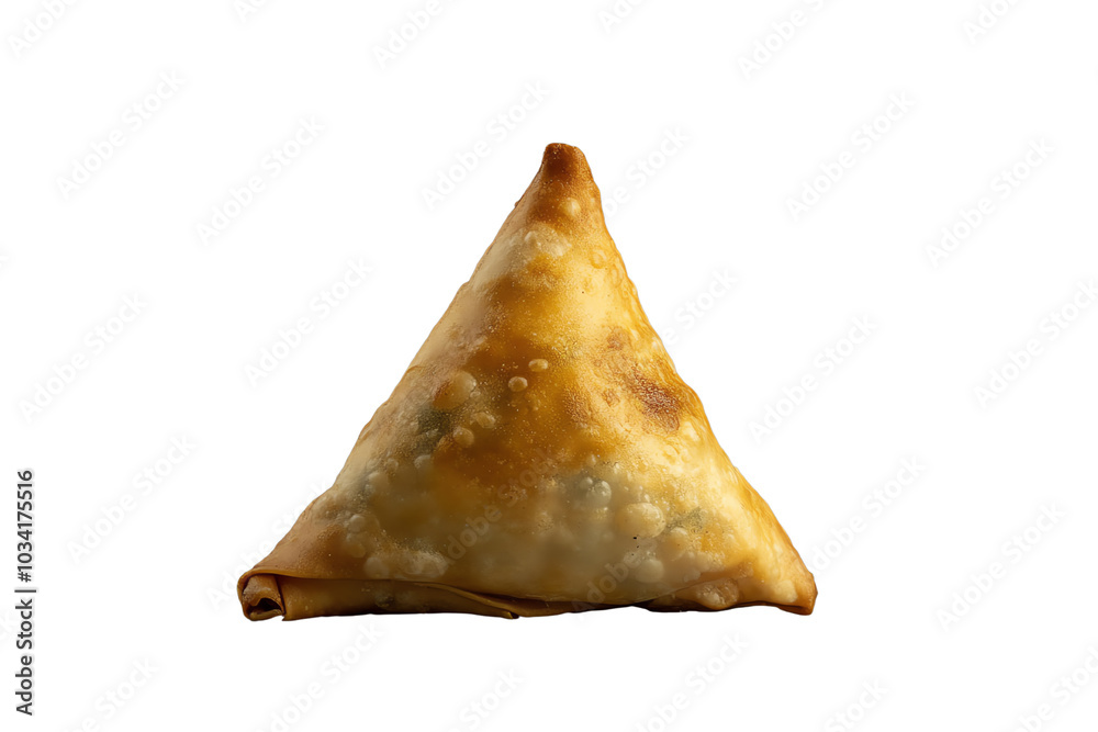 Crispy golden samosa on a white isolate background, perfect for showcasing delicious snack options.