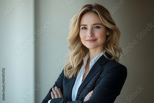 Confident Blonde Businesswoman in a Black Suit