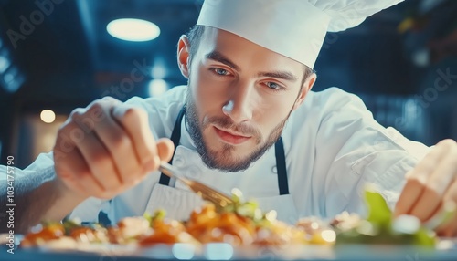 Focused Male Chef Decorating Food In The Kitchen In A Close-Up Shot Showing Attention To Detail And Culinary Skills. photo