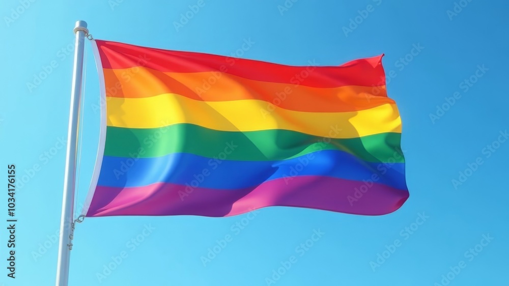 Fototapeta premium Rainbow flag waving in the wind against clear blue sky