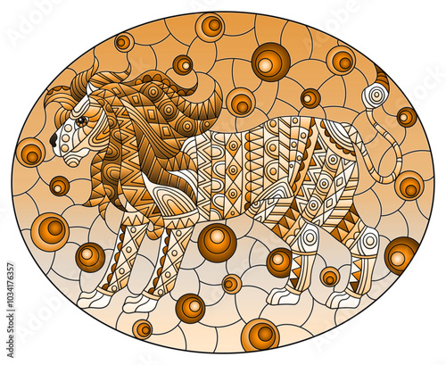 Stained glass illustration with abstract lion, animal on abstract background,oval image, tone brown