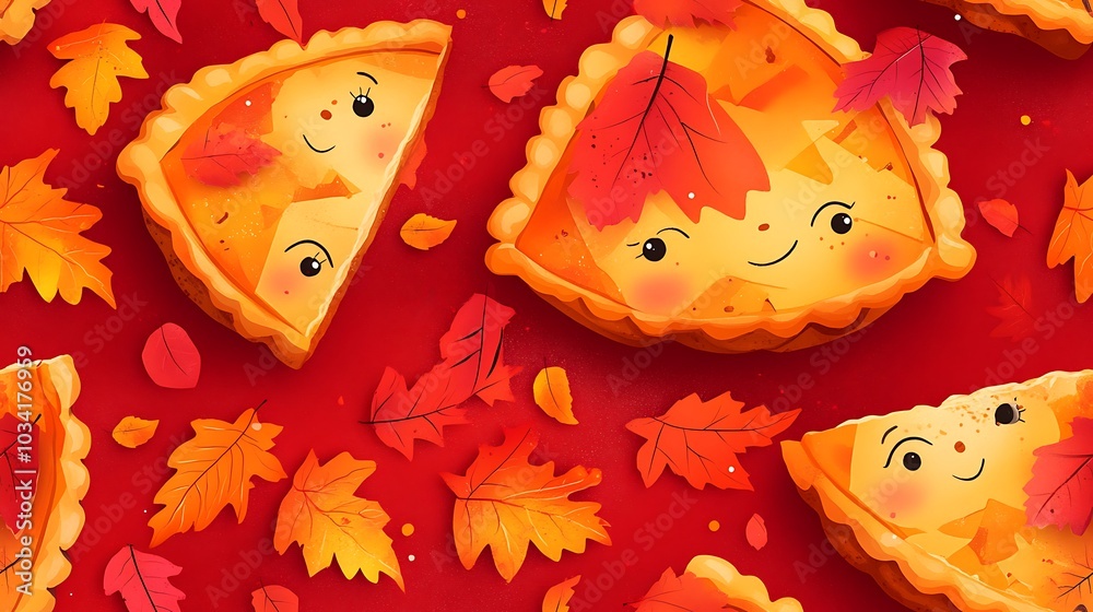 Adorable pie slices with cute faces, scattered with playful autumn leaves, warm lighting and vibrant fall colors of orange and red, seamless pattern perfect for Thanksgiving decor. --ar 16:9 --tile Adorable pie slices with cute faces, scattered with playful autumn leaves, warm lighting and vibrant fall colors of orange and red, seamless pattern perfect for Thanksgiving decor. --ar 16:9 --tile