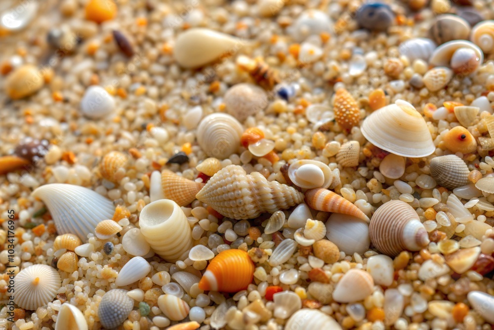 Various seashells on sandy beach with golden sand texture Various seashells on sandy beach with golden sand texture