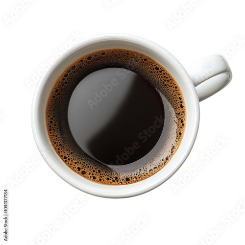 Minimalist coffee cup top view, black espresso in white ceramic mug, morning caffeine drink icon for menus and branding isolated PNG with Transparent Background