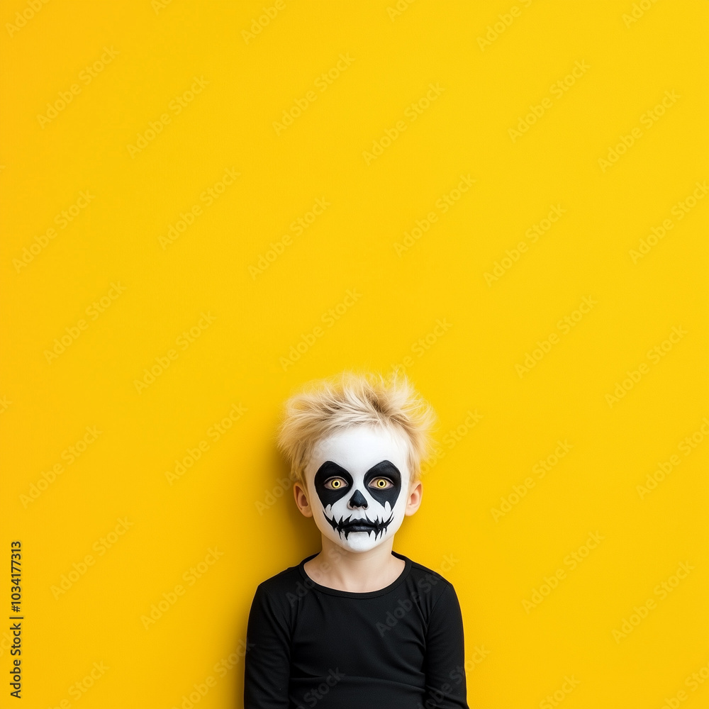 Boy make up as evil for halloween party isolated solid mustard wall banner/*design/web/poster/flyer Boy make up as evil for halloween party isolated solid mustard wall banner/*design/web/poster/flyer