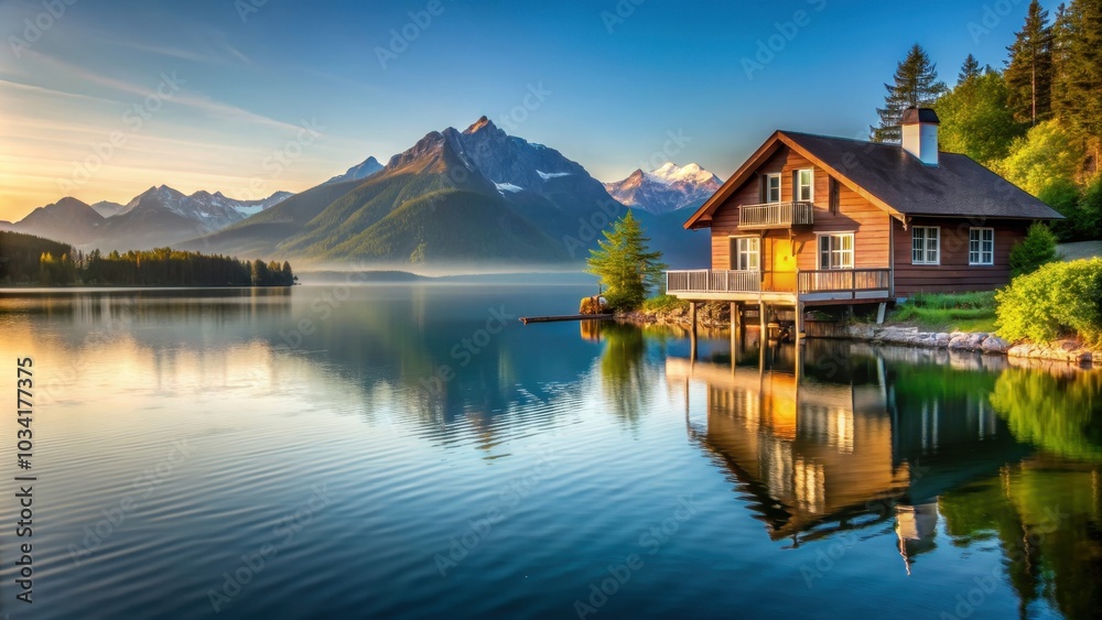 Fototapeta premium House on the lake with a beautiful view of the water and mountains in the background, house, lake, water, mountains