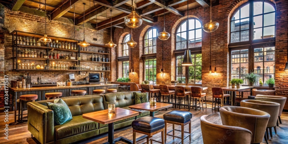 Fototapeta premium A Luxurious Modern Bar With Exposed Brick Walls, Dark Wood Beams, And Large Windows Offering A View Of The City