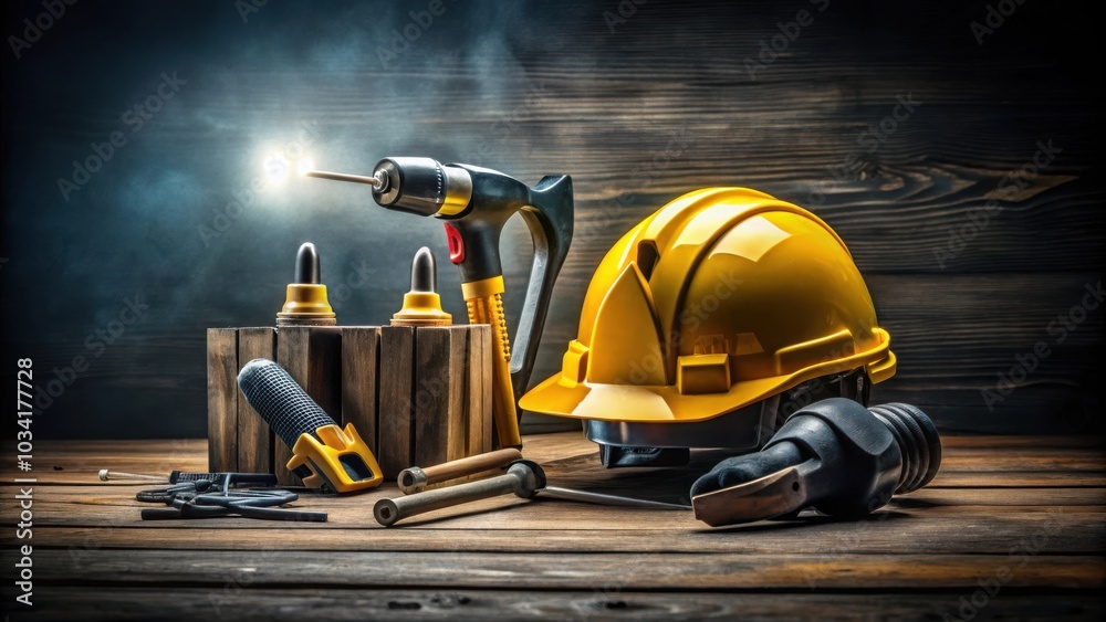Fototapeta premium Construction tools arranged on a wooden surface with a yellow hard hat, a drill, and a box of nails with a dramatic lighting effect.