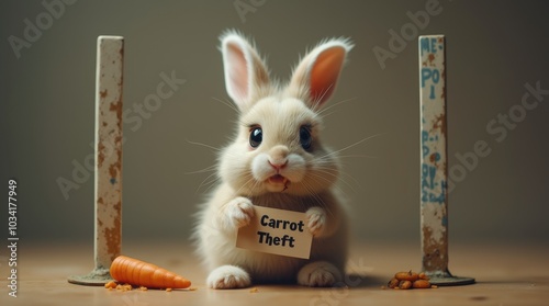 A fluffy rabbit sitting in front of police height markers, its wide eyes full of curiosity and innocence. The rabbit has a sign around its neck, humorously indicating its 
