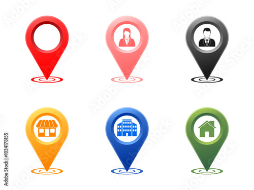 colorful location pin with home house building office person market store icon. vector illustration isolated on white background.