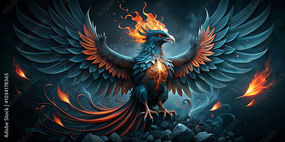 A majestic phoenix with vibrant blue and orange feathers spreads its wings, surrounded by flames and embers. The mythical bird stands on rocky terrain, exuding power and elegance.AI generated. A majestic phoenix with vibrant blue and orange feathers spreads its wings, surrounded by flames and embers. The mythical bird stands on rocky terrain, exuding power and elegance.AI generated.