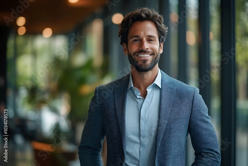 Confident Businessman Smiling in Modern Office Interior