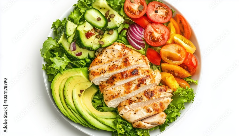 Top View Of Plate Of Healthy Food: Chicken Fillet, Avocado, And Salad. Combination Of Proteins, Fats, And Carbohydrates On White Background.