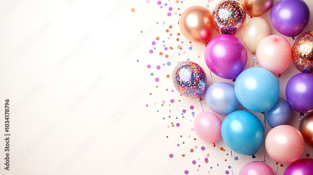 Colorful balloons and confetti on a light background for festive occasions. Colorful balloons and confetti on a light background for festive occasions.