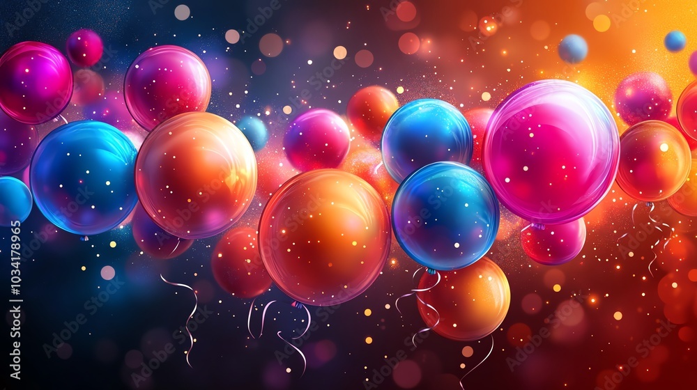 Colorful balloons float in a vibrant, festive atmosphere with sparkling lights. Colorful balloons float in a vibrant, festive atmosphere with sparkling lights.