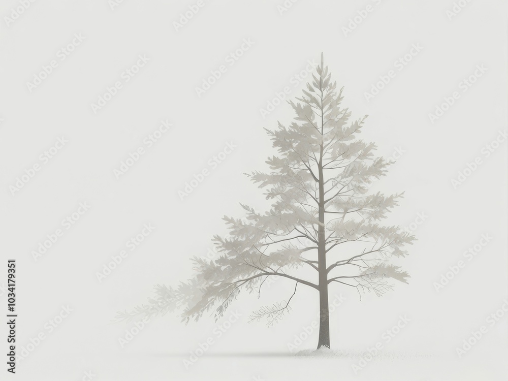 Simple, clean minimalist illustration of a single tree with subtle snow on its branches. calm and serene winter atmosphere Simple, clean minimalist illustration of a single tree with subtle snow on its branches. calm and serene winter atmosphere