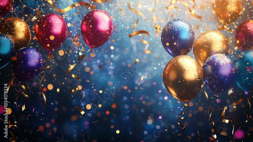 Colorful balloons with confetti and sparkling background for festive celebrations. photo