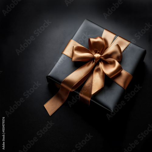 Black gift box with a golden ribbon on a black background, top view