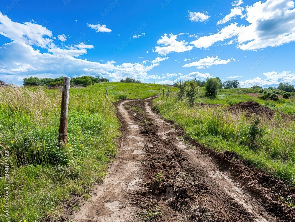 Dirt road winding through a green meadow under a blue sky with white clouds. Dirt road winding through a green meadow under a blue sky with white clouds.