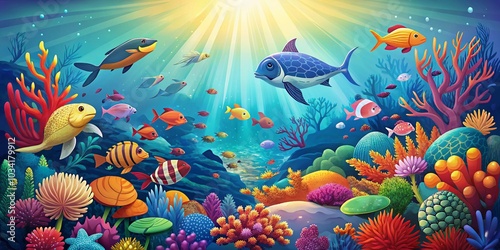 Vector Illustration of Ocean Ecosystem for World Ocean Day Celebration with Bokeh Effect