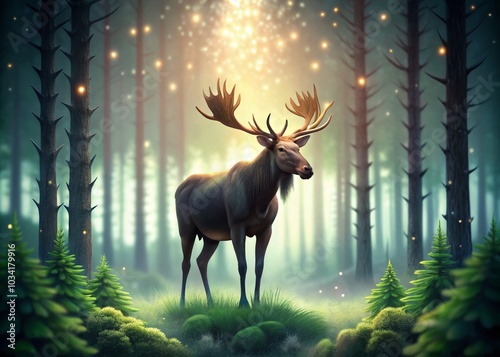 Vector Moose in a Pine Forest with Bokeh Effect for Nature Lovers and Wildlife Enthusiasts photo