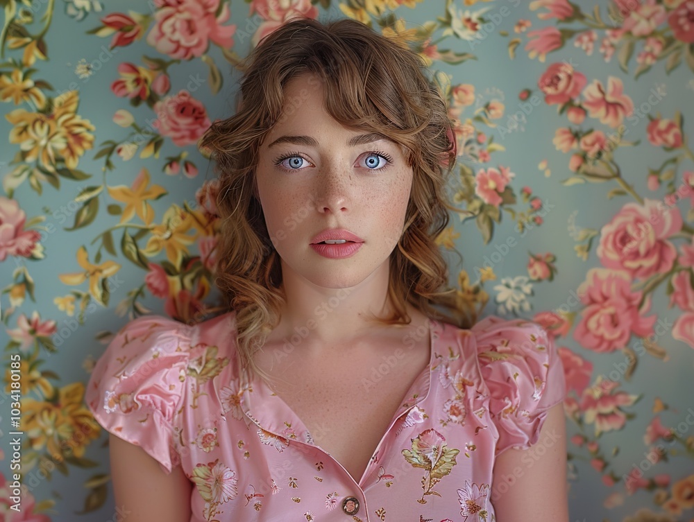 Beautiful Woman with Blue Eyes in a Floral Dress Beautiful Woman with Blue Eyes in a Floral Dress