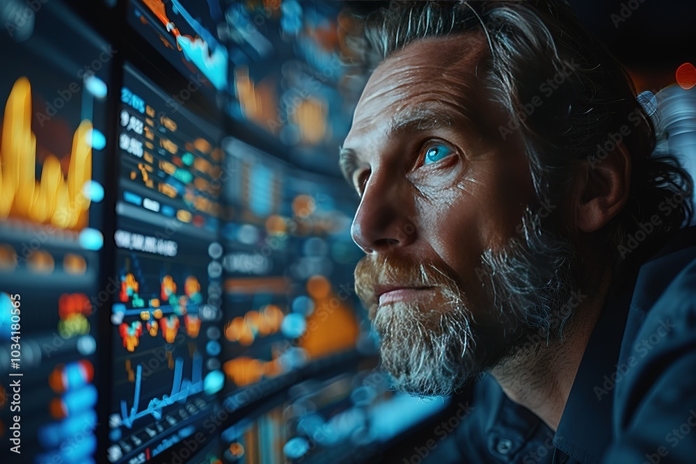 A businessman analyzing financial charts on a large screen, space for text A businessman analyzing financial charts on a large screen, space for text