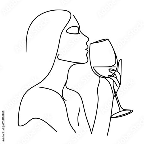 Linear vector contour drawing of a beautiful graceful girl drinking from a glass of wine