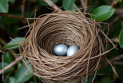 _. Empty Bird Nest Woven bird nest made of twigs and leaves.